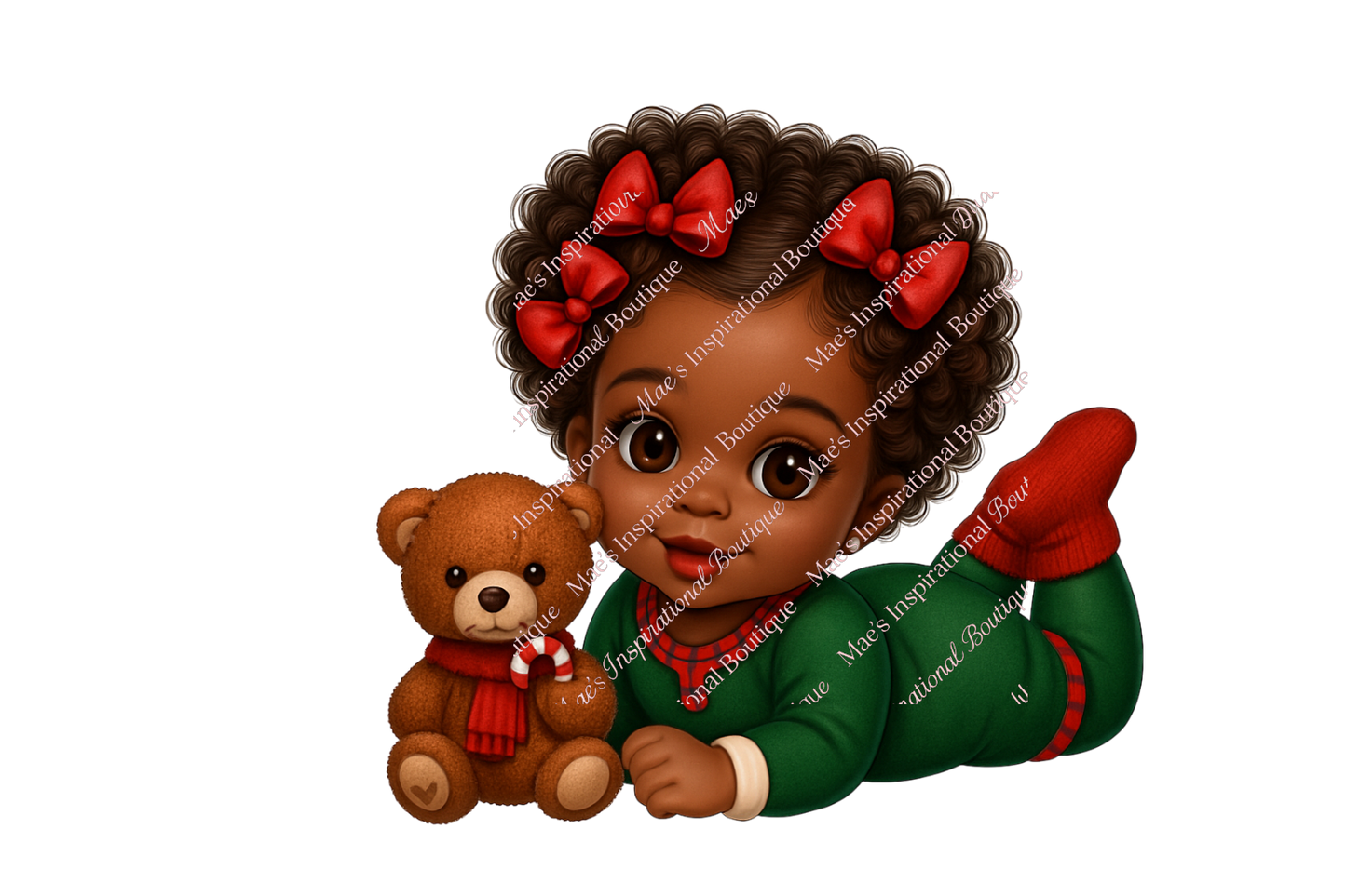 Christmas Baby Girl Clipart PNG | African American Baby in Green Pajamas with Teddy Bear | Holiday Sublimation Design |