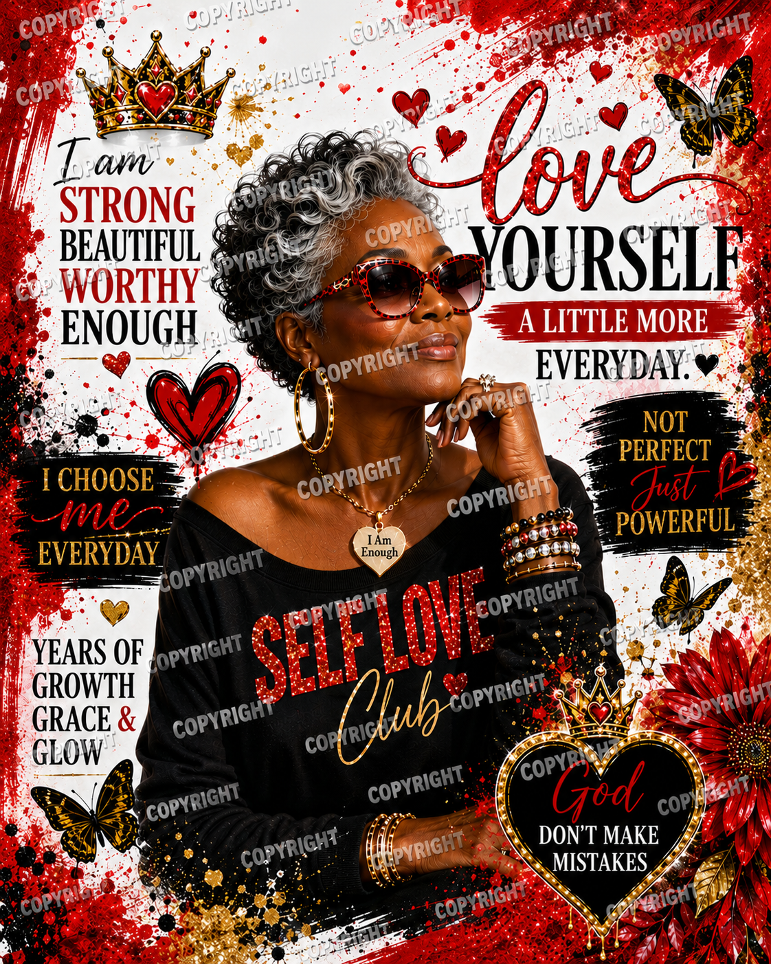 Self Love Queen – Empowering Black Woman Sublimation PNG | 4K Digital Download | Black & Gold Tumbler Wrap Design