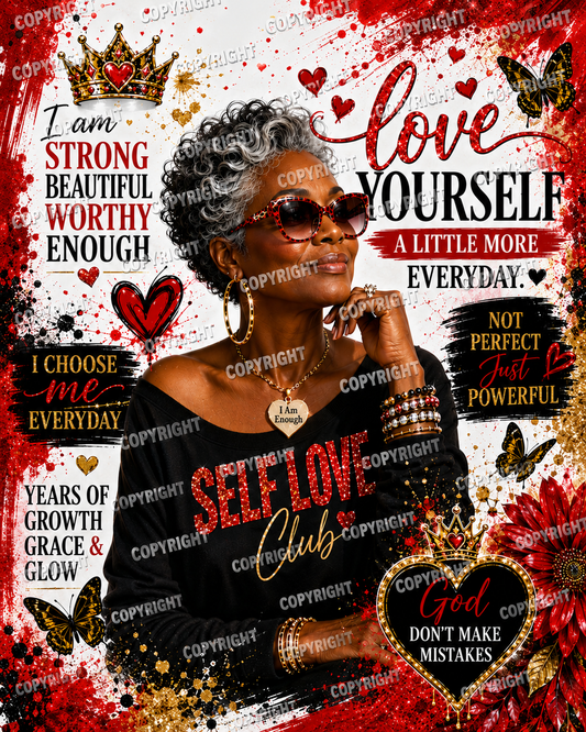 Self Love Queen – Empowering Black Woman Sublimation PNG | 4K Digital Download | Black & Gold Tumbler Wrap Design