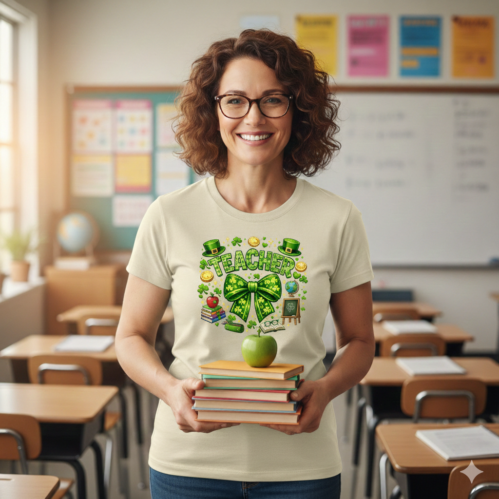 St. Patrick’s Day TEACHER Design - Lucky TEACHER Shamrocks & Medical Icons - Green Bow TEACHER Sublimation PNG