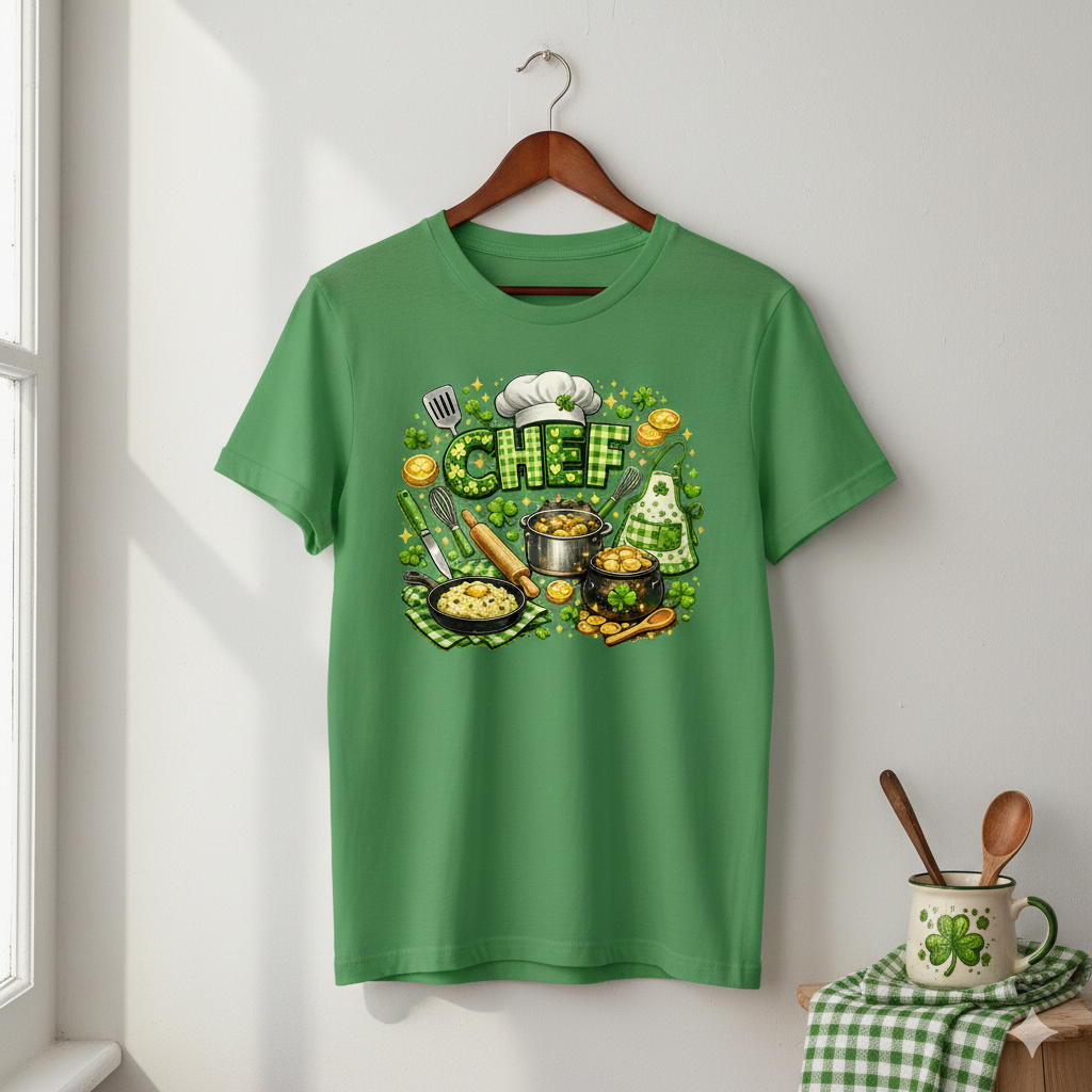 St. Patrick’s Day CHEF PNG - Lucky Irish Chef Sublimation Design with Shamrocks, Pot of Gold, and Cooking Tools (Copy)