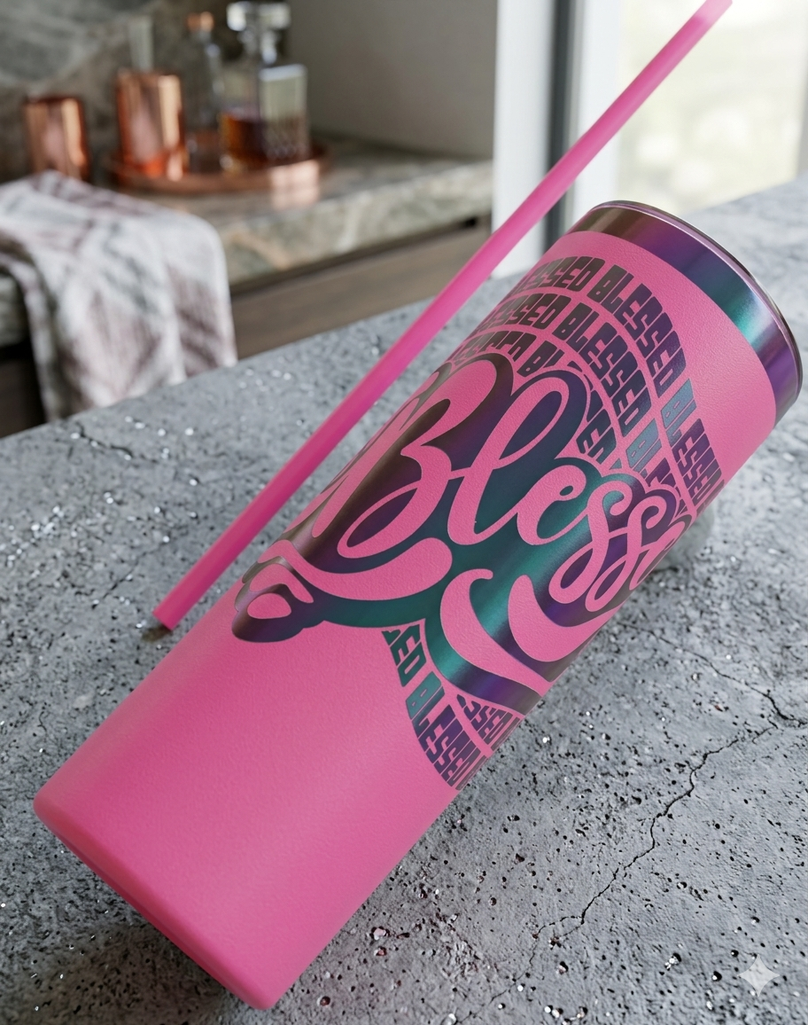 20oz Hot Pink “Blessed” Tumbler – Holographic Rainbow Stainless Steel Cup with Straw – Christian Gift for Women, Faith Drinkware