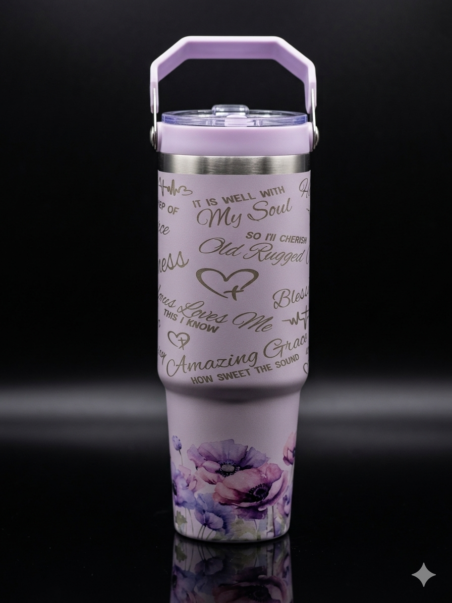 Faith & Grace Tumbler with Handle – Christian Insulated Cup | “It Is Well With My Soul” Floral Stainless Steel Tumbler | Religious Gift for Women