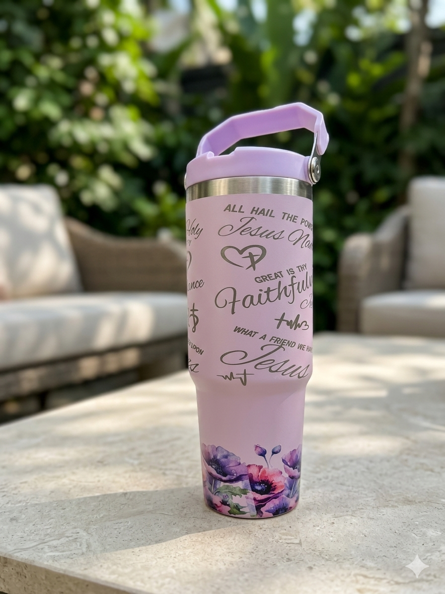 Faith & Grace Tumbler with Handle – Christian Insulated Cup | “It Is Well With My Soul” Floral Stainless Steel Tumbler | Religious Gift for Women