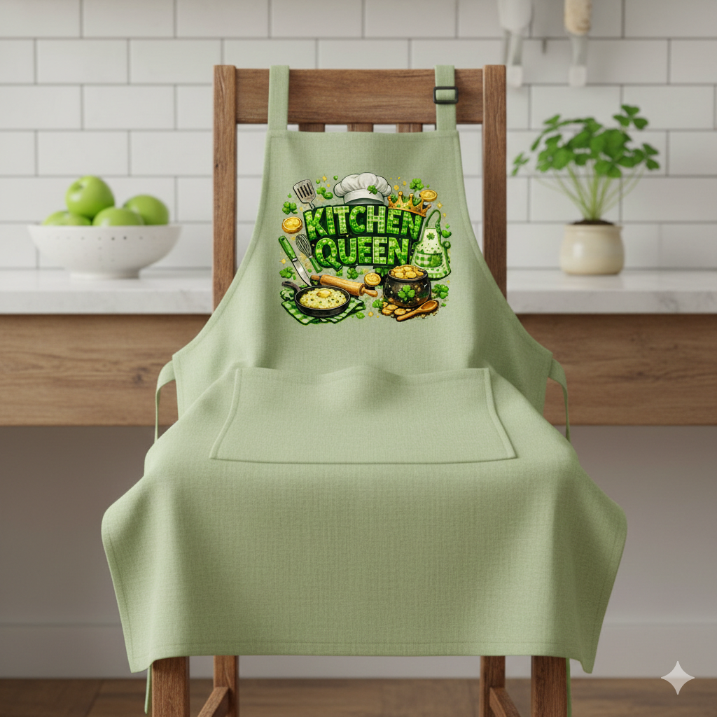 St. Patrick’s Day Kitchen Queen PNG - Lucky Irish Chef Sublimation Design with Shamrocks, Pot of Gold, and Cooking Tools