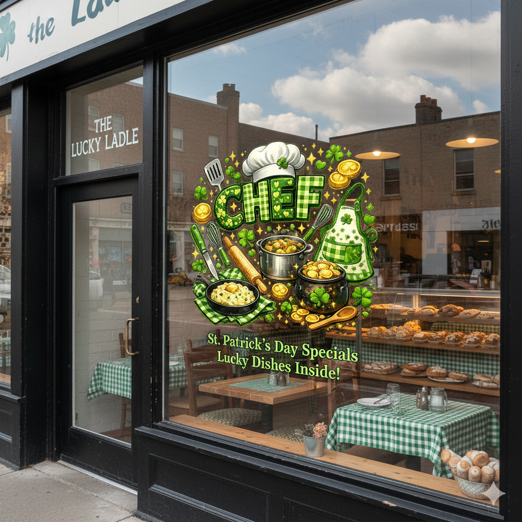 St. Patrick’s Day CHEF PNG - Lucky Irish Chef Sublimation Design with Shamrocks, Pot of Gold, and Cooking Tools (Copy)