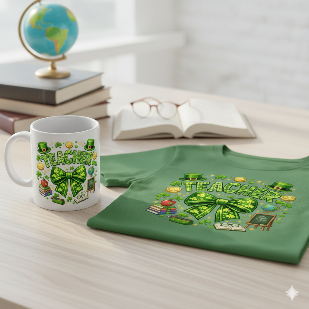 St. Patrick’s Day TEACHER Design - Lucky TEACHER Shamrocks & Medical Icons - Green Bow TEACHER Sublimation PNG