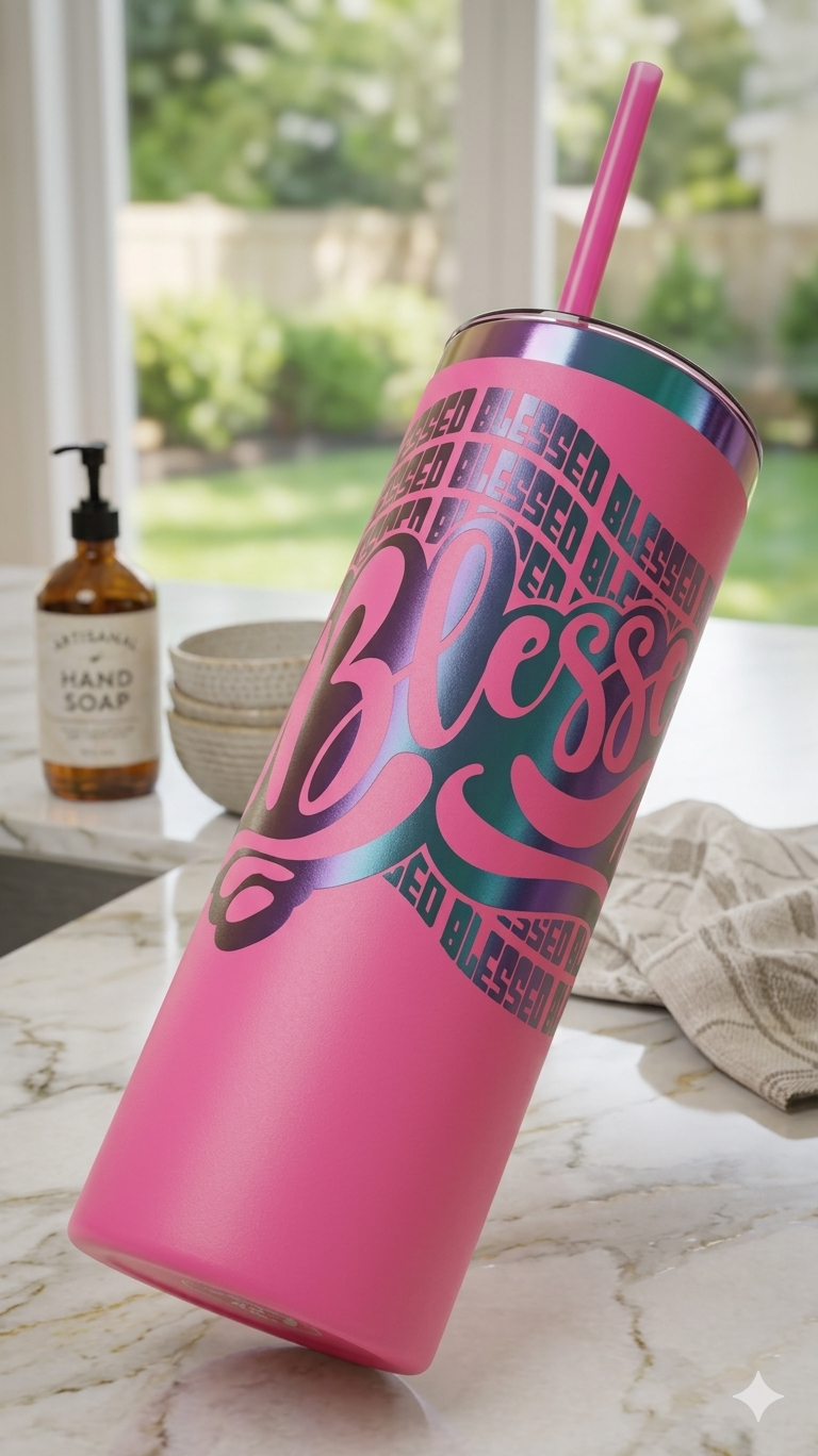20oz Hot Pink “Blessed” Tumbler – Holographic Rainbow Stainless Steel Cup with Straw – Christian Gift for Women, Faith Drinkware