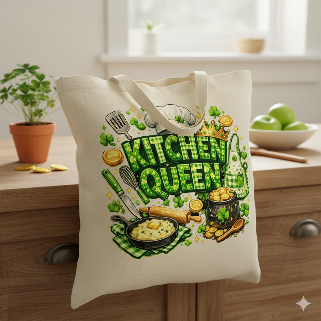 St. Patrick’s Day Kitchen Queen PNG - Lucky Irish Chef Sublimation Design with Shamrocks, Pot of Gold, and Cooking Tools
