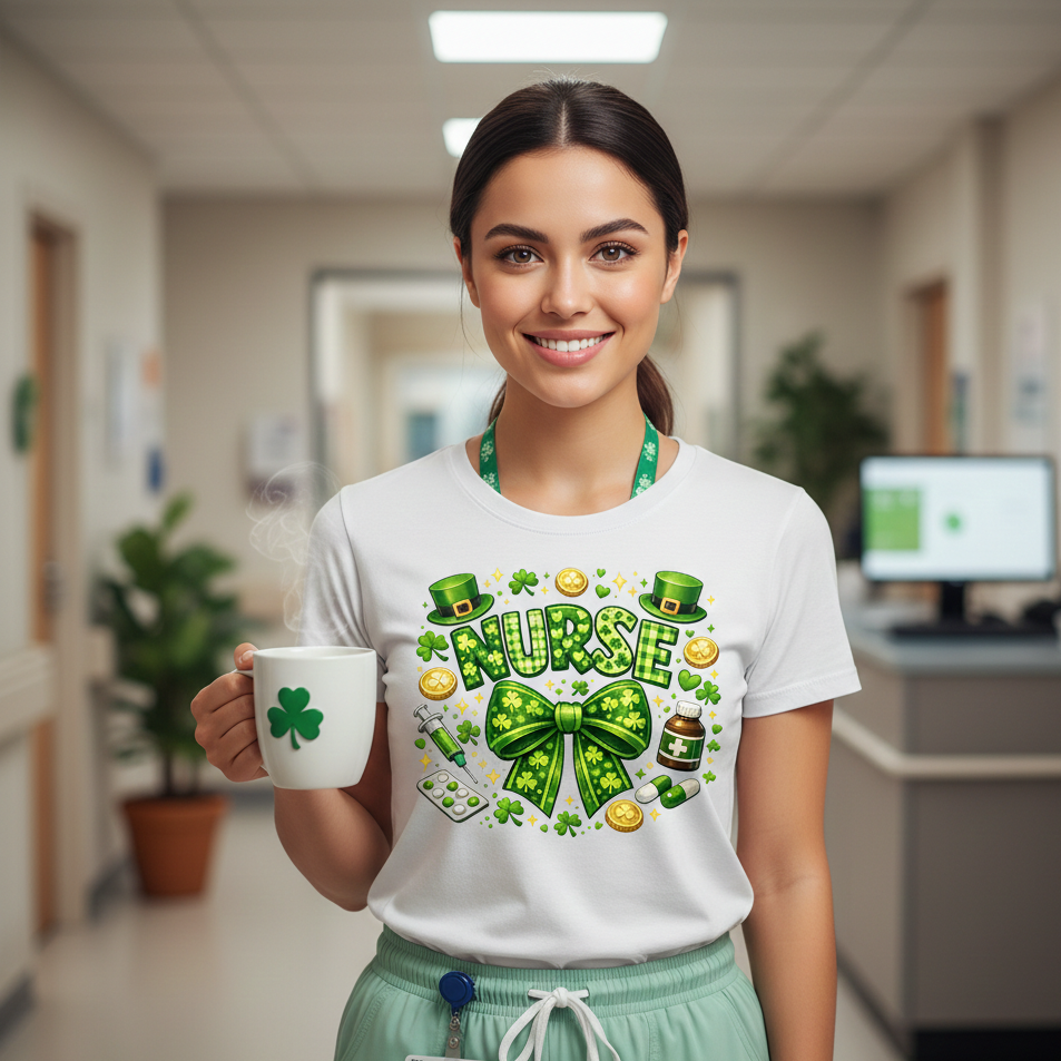 St. Patrick’s Day Nurse Design - Lucky Nurse Shamrocks & Medical Icons - Green Bow Nursing Sublimation PNG