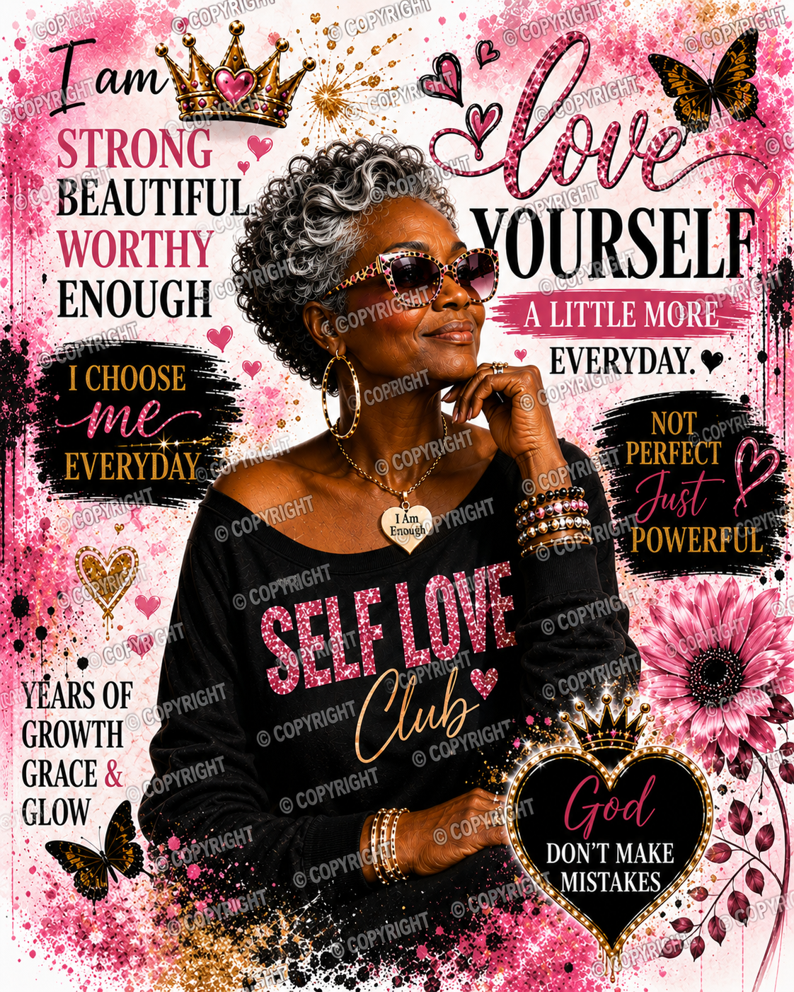 Self Love Queen – Empowering Black Woman Sublimation PNG | 4K Digital Download | Black & Gold Tumbler Wrap Design