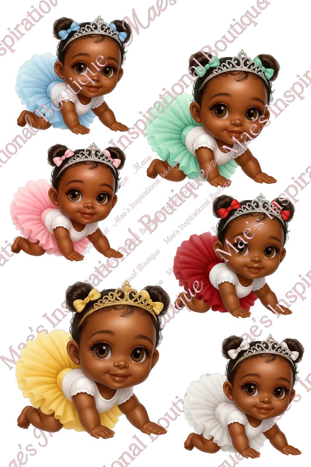 Princess Baby Clipart PNG – Cute Crawling Baby Girl with Tiara – 6 Colors – Transparent Background