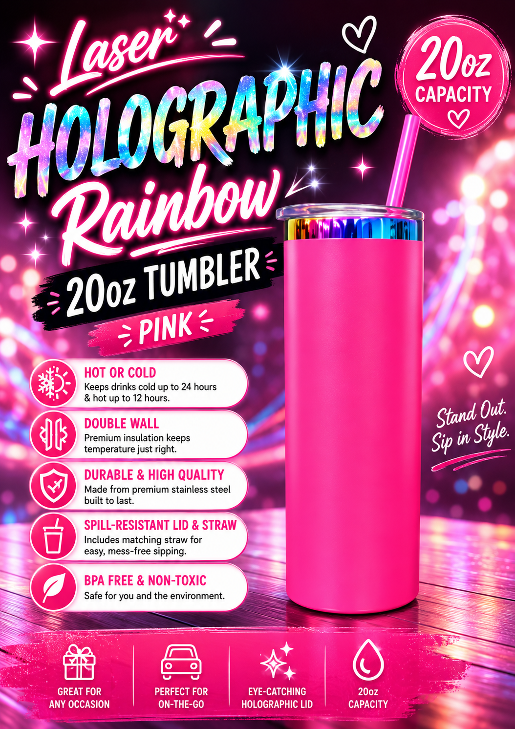 20oz Powder Coated Holographic Rainbow Plated Car Tumbler with Colored Straw | Laser Engraving Blank | Individual or 25pc Case |