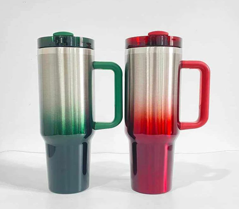 Ombre Sublimation 40oz Tumbler with Handle H2.0 | Glossy Red & Green Stainless Steel Cup with Straw | Custom Drinkware