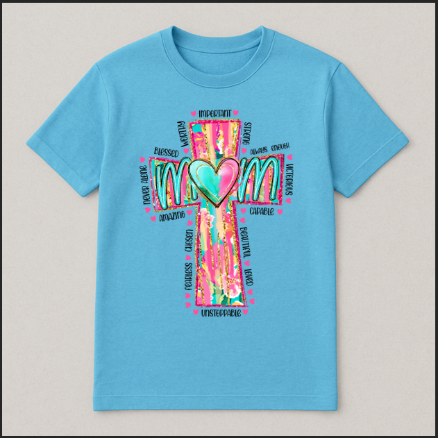 MOM Christian Graphic T-Shirt – Cross Design with Heart & Inspirational Words – Faith-Based Gift for Mother’s Day or Everyday Wear