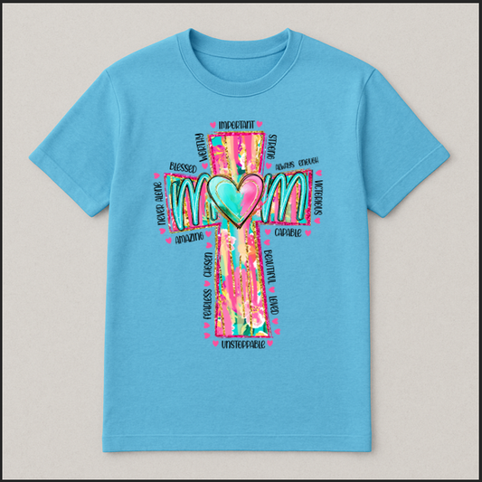 MOM Christian Graphic T-Shirt – Cross Design with Heart & Inspirational Words – Faith-Based Gift for Mother’s Day or Everyday Wear
