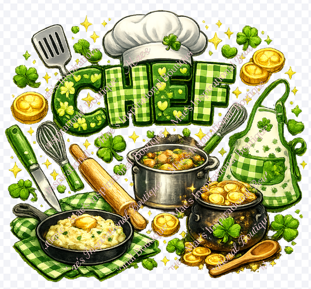 St. Patrick’s Day CHEF PNG - Lucky Irish Chef Sublimation Design with Shamrocks, Pot of Gold, and Cooking Tools (Copy)