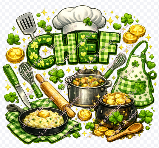 St. Patrick’s Day CHEF PNG - Lucky Irish Chef Sublimation Design with Shamrocks, Pot of Gold, and Cooking Tools (Copy)