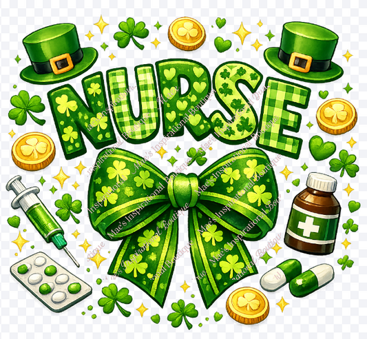 St. Patrick’s Day Nurse Design - Lucky Nurse Shamrocks & Medical Icons - Green Bow Nursing Sublimation PNG