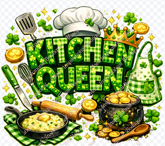 St. Patrick’s Day Kitchen Queen PNG - Lucky Irish Chef Sublimation Design with Shamrocks, Pot of Gold, and Cooking Tools