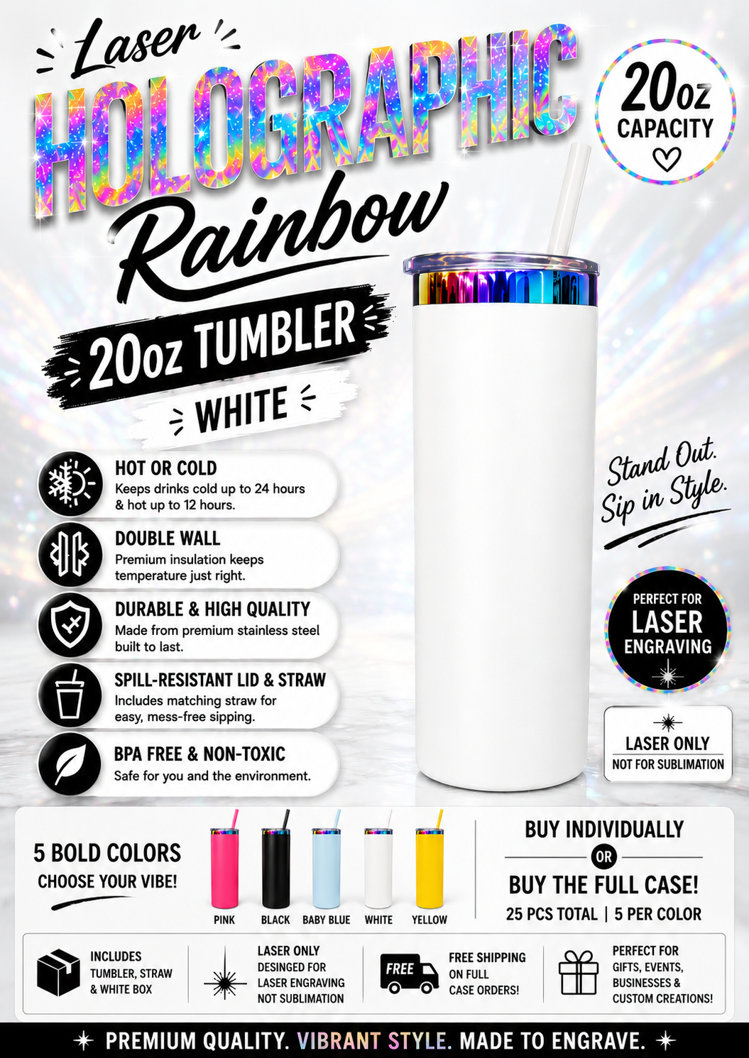 20oz Powder Coated Holographic Rainbow Plated Car Tumbler with Colored Straw | Laser Engraving Blank | Individual or 25pc Case |