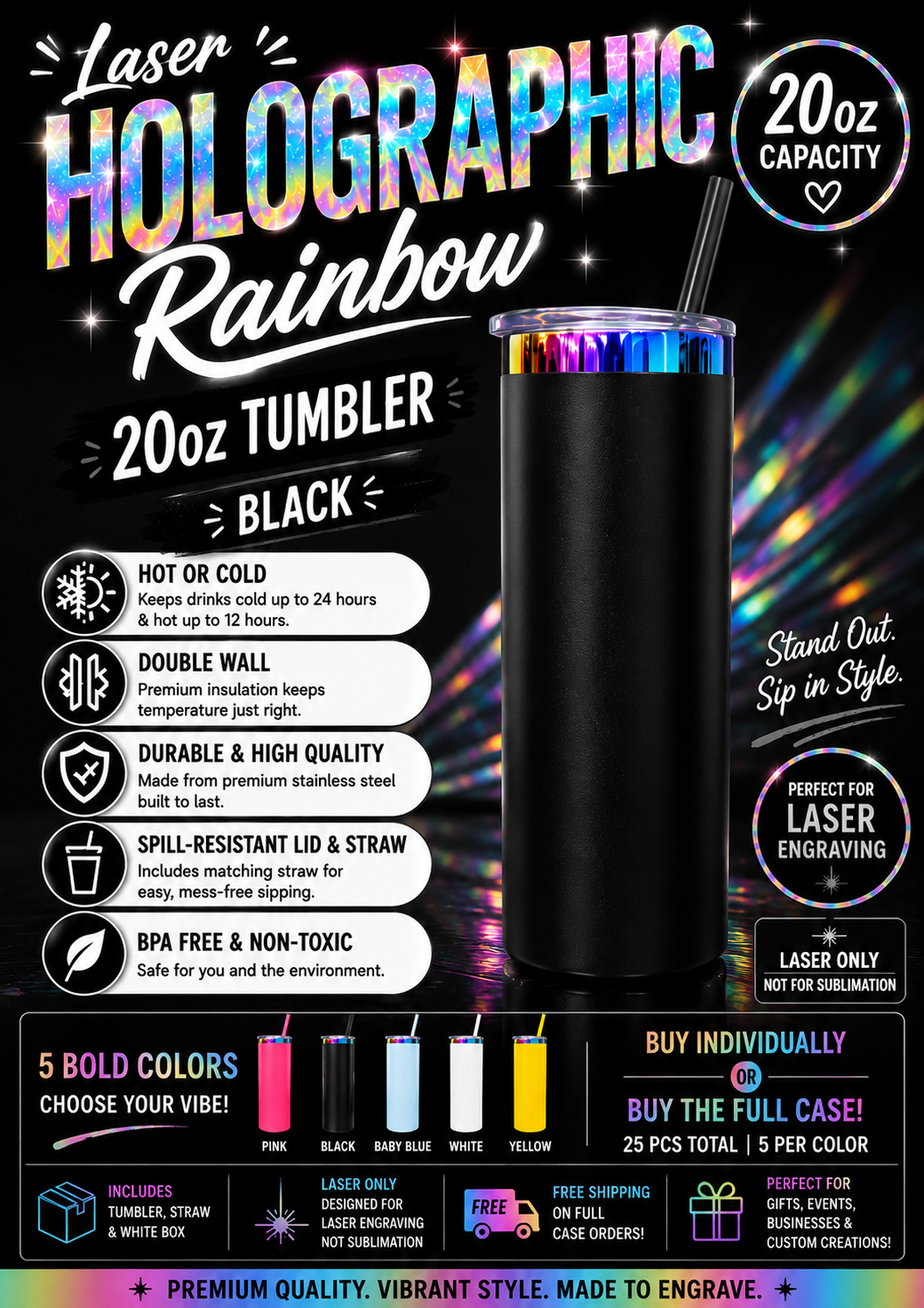 20oz Powder Coated Holographic Rainbow Plated Car Tumbler with Colored Straw | Laser Engraving Blank | Individual or 25pc Case |