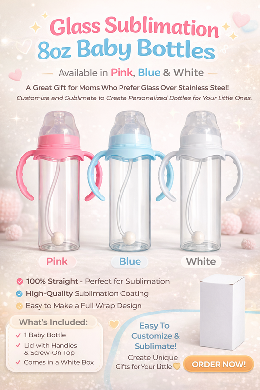 8oz Glass Sublimation Baby Bottle with Handles – Customizable Baby Gift (Pink, Blue, White)
