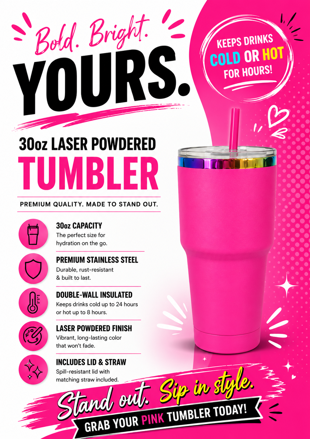 Luxury Gold & Rainbow Plated Stainless Steel Tumblers |30oz Laser Engraving Car Mug with Lid & Straw