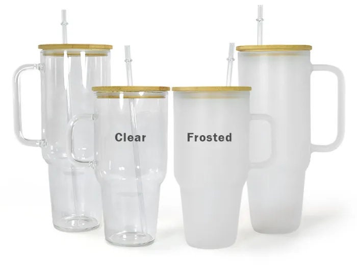 Sublimation Glass Frosted\Clear Tumbler with Handle. Bambo Lid Included-32oz\40oz.