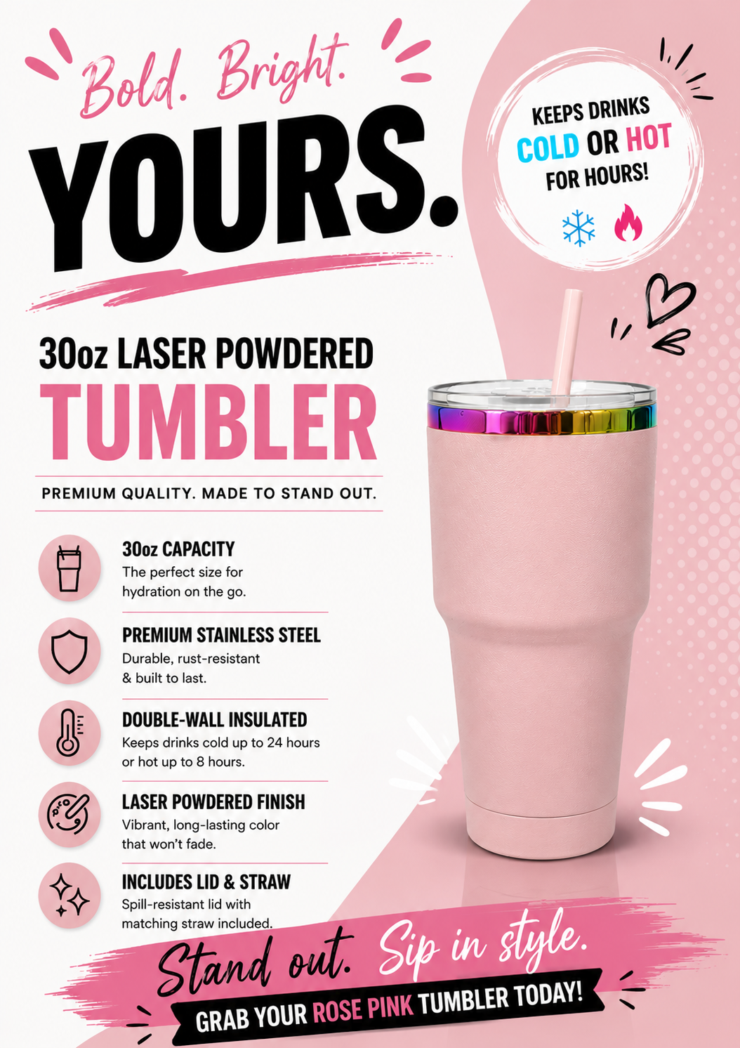 Luxury Gold & Rainbow Plated Stainless Steel Tumblers |30oz Laser Engraving Car Mug with Lid & Straw