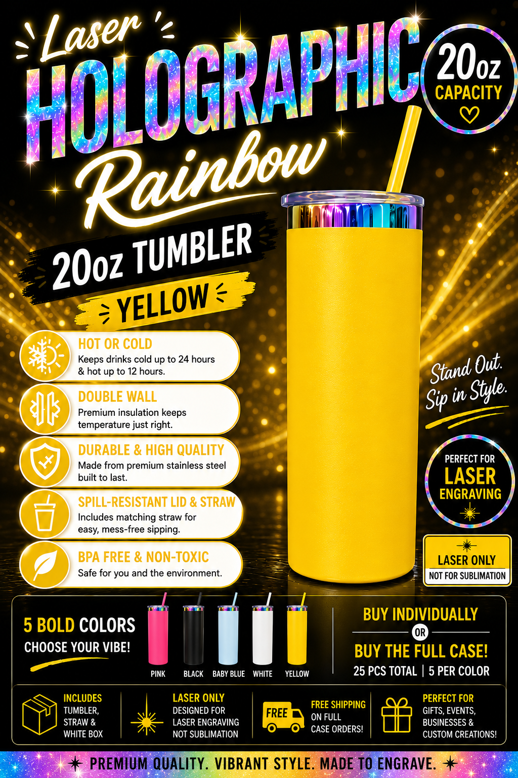 20oz Powder Coated Holographic Rainbow Plated Car Tumbler with Colored Straw | Laser Engraving Blank | Individual or 25pc Case |